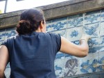 Tile restoration in progess on a panel in the garden of the Museu Nogueira da Silva in Braga