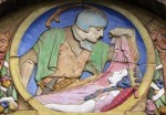 Faience panel depicting The Soldier and the Princess designed by Gilbert Bayes above a window at Sidney Street Estates, Camden, London, 1931