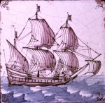 Late 17th century Dutch tile with ship in full sail with ox-head corner motifs