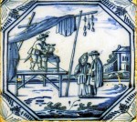 Mid 18th century Dutch tile made in Rotterdam with a scene from daily life