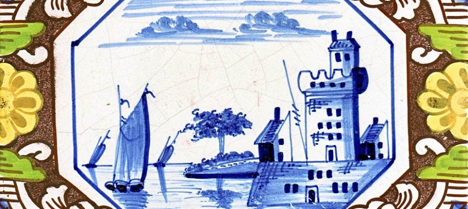 Late 19th century Dutch tile with river scene made by J. van Hulst in Harlingen, Friesland