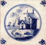 Mid 18th century Dutch tile with a river scene and spider's head corner motifs made in Rotterdam
