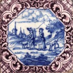 Mid 18th century Dutch tile probably made in Rotterdam showing a hunter returning home set within an elaborate French style border