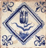 Mid 17th century Dutch tile with a tulip and fleur-de-lis corner motifs