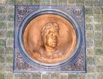Detail of Tiled Hall showing terracotta bust of Dante modelled by Benjamin Creswick in 1884