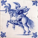 Late nineteenth century tile with a warrior on horseback and fleur-de-lis corner motifs