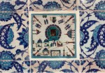 Under-glaze painted Turkish tiles, mid 16th century. The central tile shows the Ka'ba in Mecca.