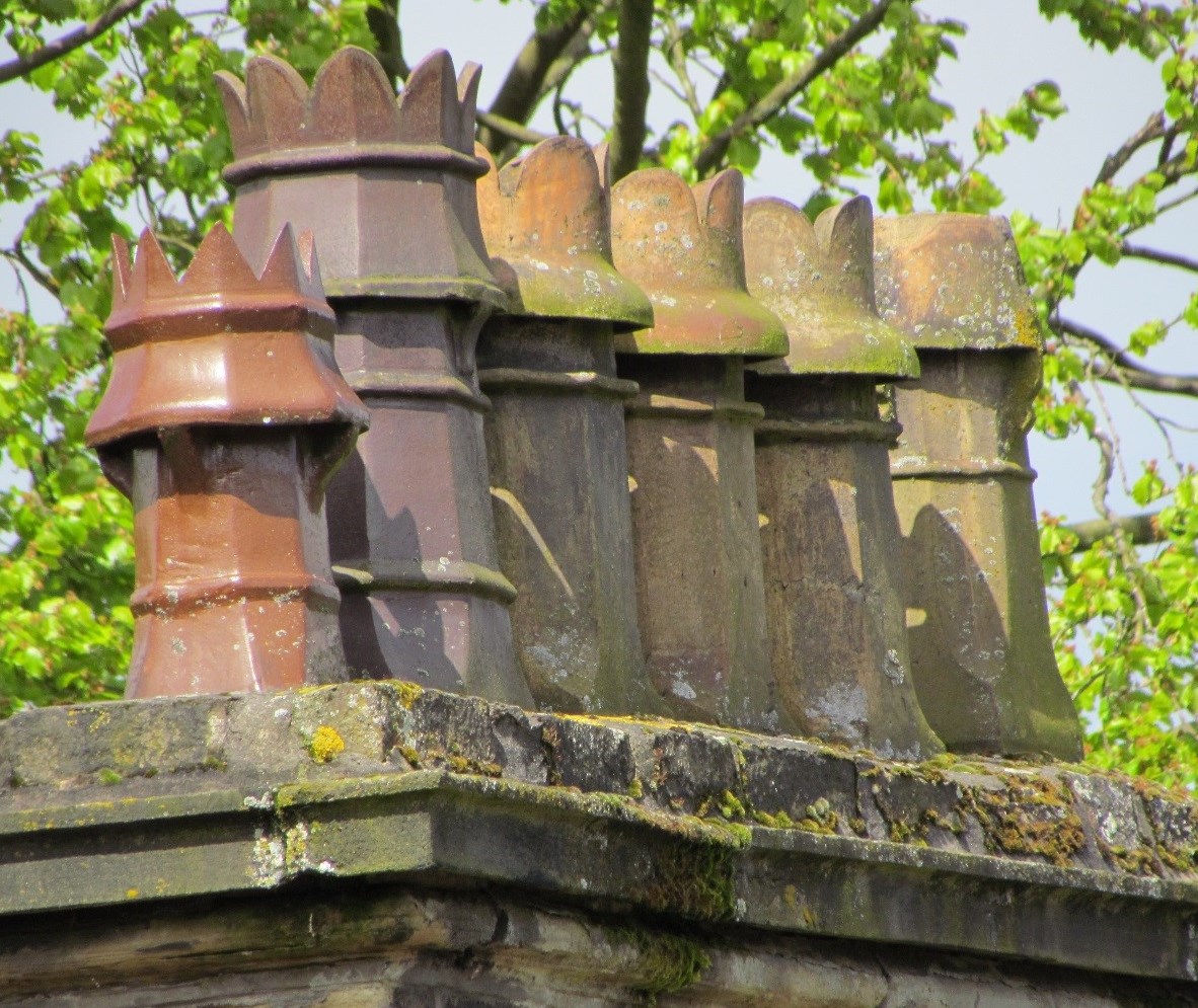 Stone stack with ceramic chimney pots  on almshouses at Wilshaw near Huddersfield, c, 1871