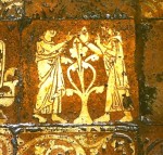 Close-up of the tile showing Edward the Confessor giving his ring to a beggar on the floor of Westminster Abbey Chapter House
